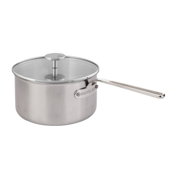 Mauviel Minox 360 Tri Ply Brushed Stainless Steel Splayed Curved Saute Pan With Glass Lid